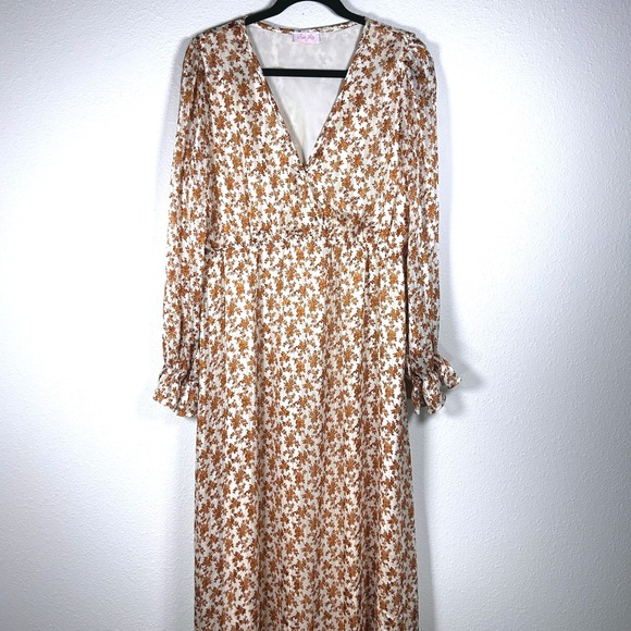 Pink Lily Floral Long Sleeve Midi Dress V Neck Ruffle Cuffs Women's - Picture 3 of 11